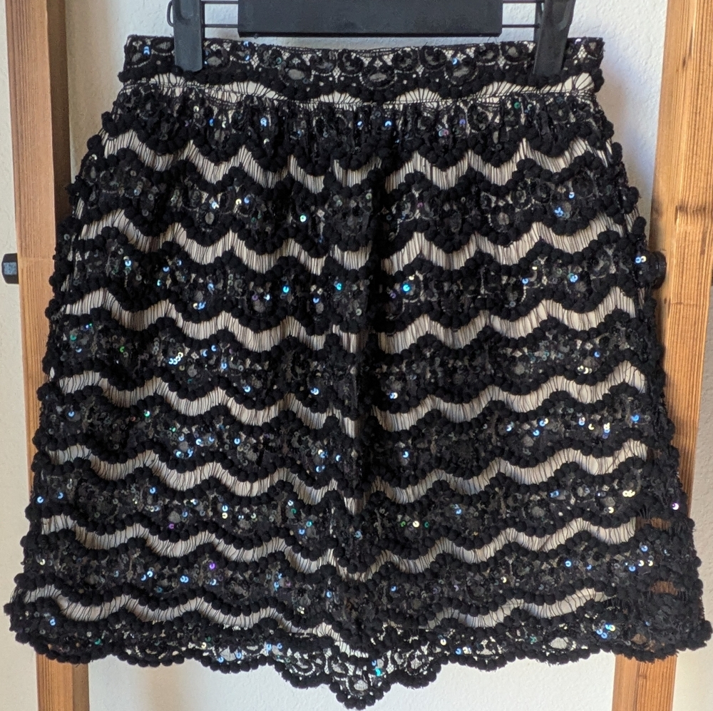 Alice + Olivia Black and Cream Sequin Embellished Lace Overlay Mini Skirt